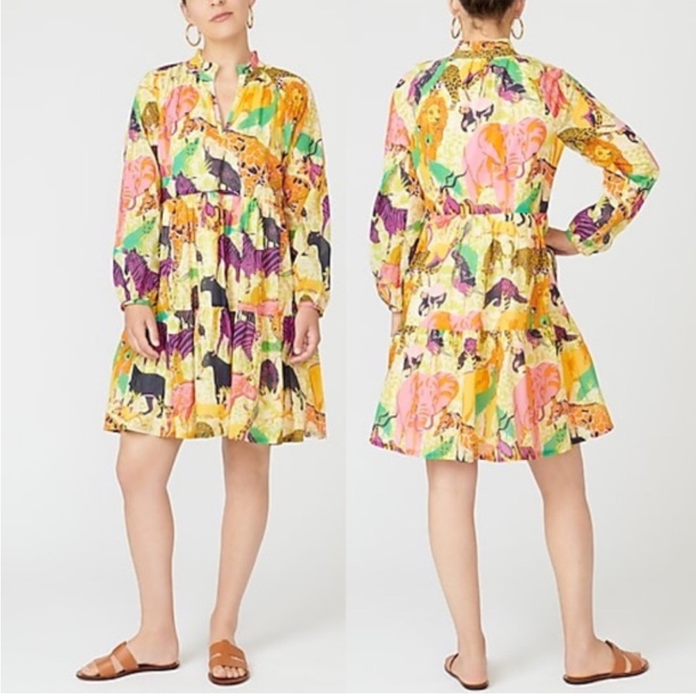 J. Crew Tiered popover dress in Ratti Safari Colorful Animal Print W2082 Sz XXS